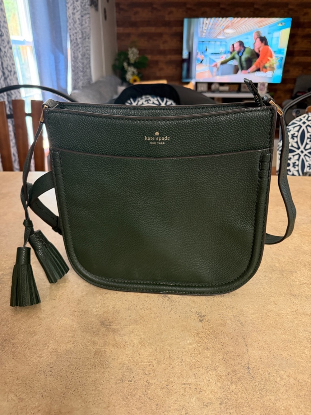 kate spade Dark Green Pebbled Leather Crossbody with Tassels